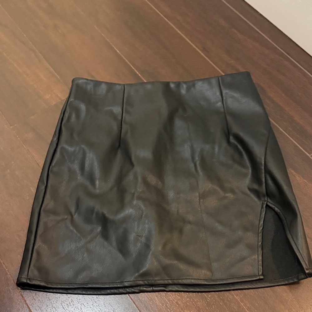 Black Faux Leather Mini Skirt with Side Slit